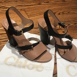 Chloé Tan and Black Block Heel Sandal